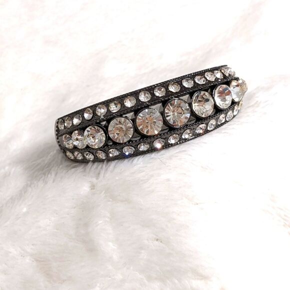 Vintage Gunmetal and Clear Rhinestone Hinged Bracelet - Picture 3 of 14
